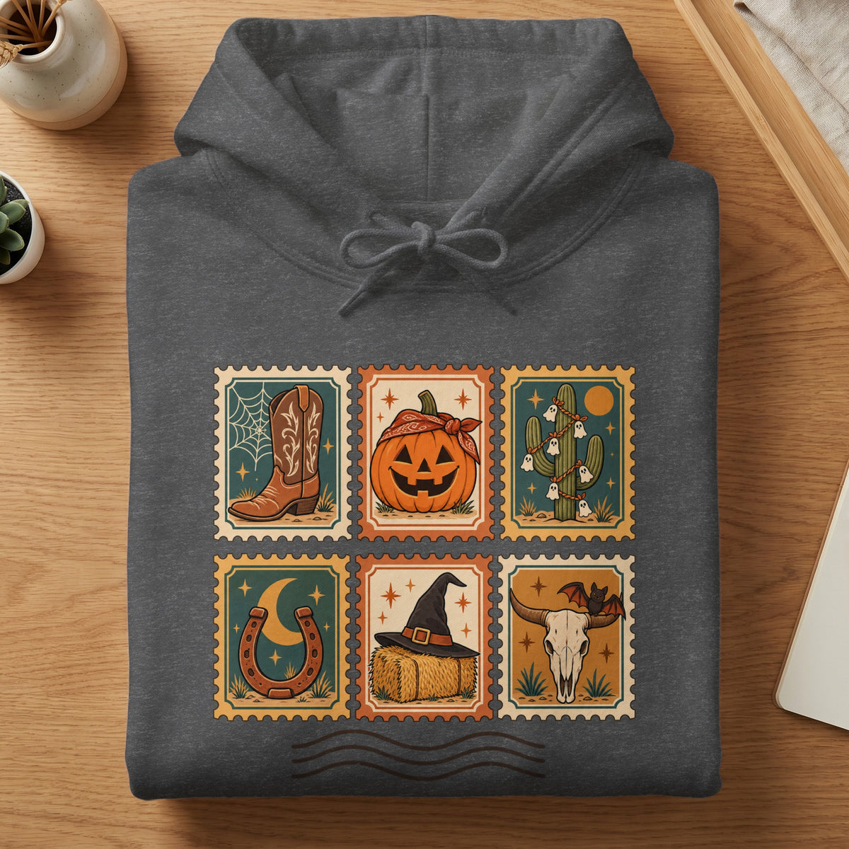 Dark gray hoodie with six postage stamp-style Halloween graphics.