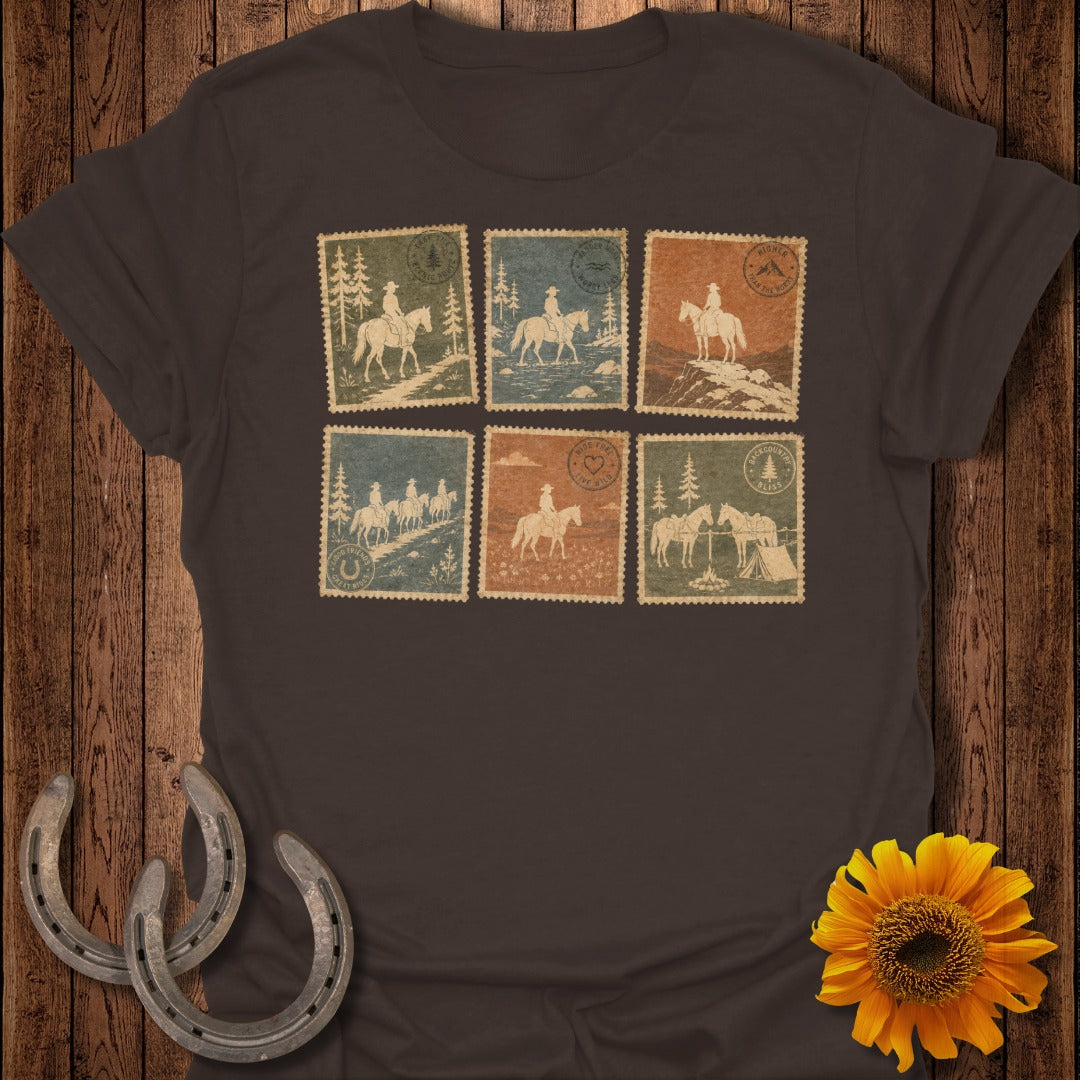 T-shirt with six postage stamps featuring horseback riding scenes.