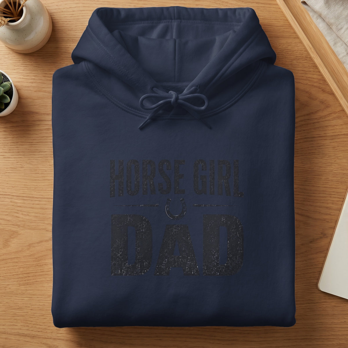 Navy blue hoodie with distressed text "HORSE GIRL DAD" and horseshoe graphic.