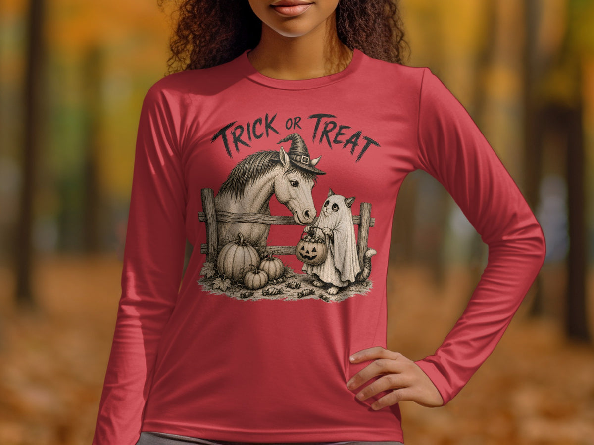 Horse in witch hat with cat ghost and pumpkins, "Trick or Treat" text.