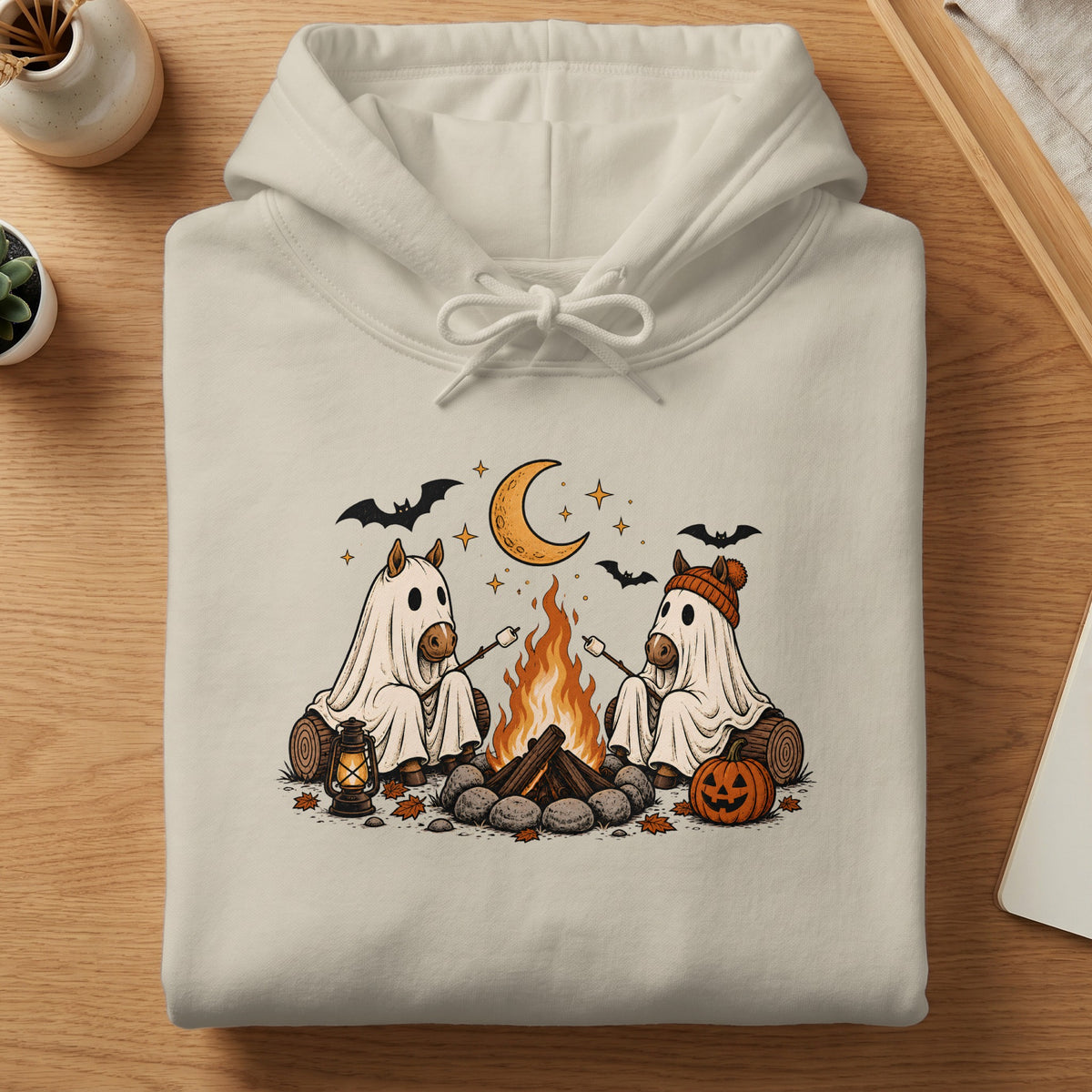 Two horses in ghost costumes roast marshmallows over a campfire under a crescent moon.
