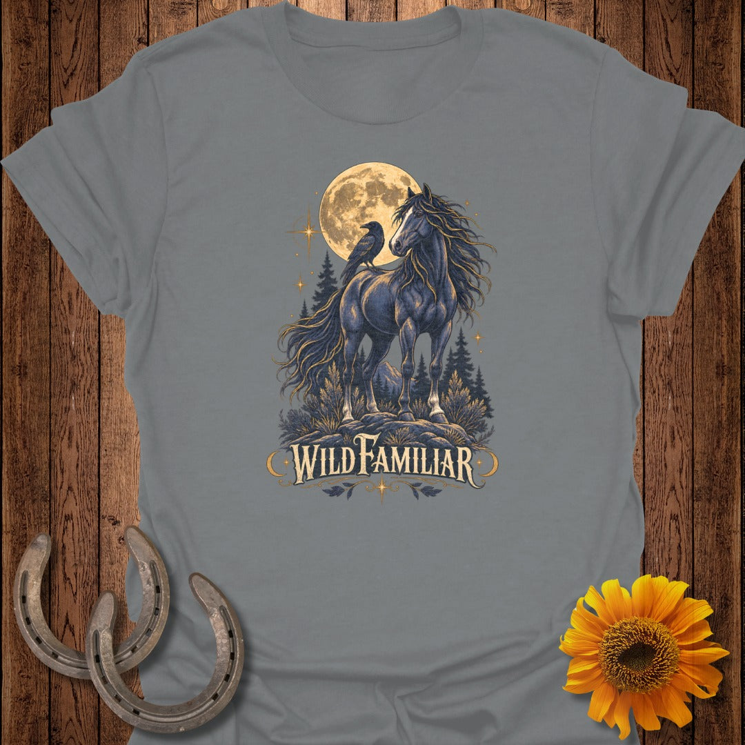 Dark horse with raven on back under full moon with "WILD FAMILIAR" text.