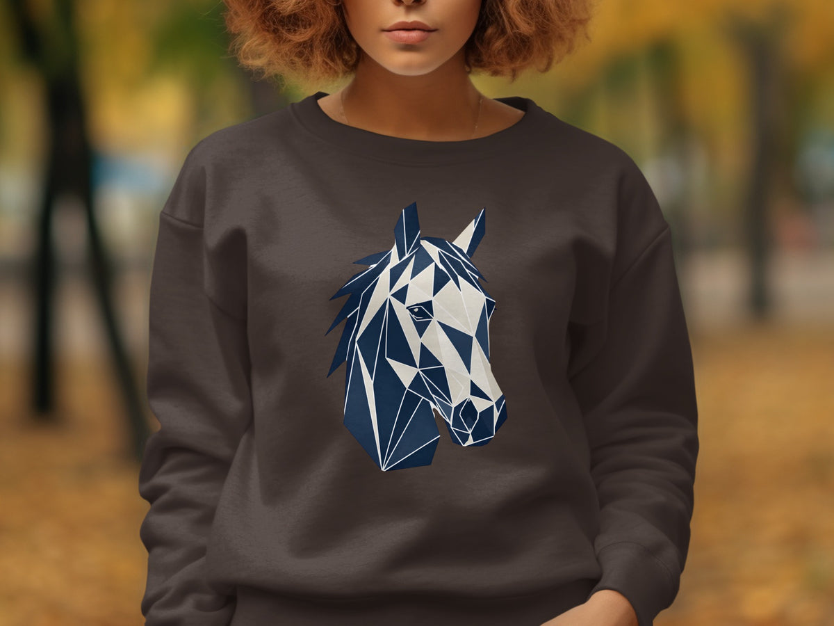 Brown sweatshirt with a geometric blue and white horse head graphic.
