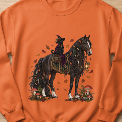 Black cat in witch hat rides a decorated horse with mushrooms and fall leaves.