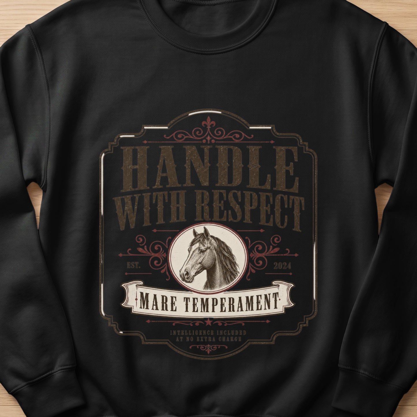 Black sweatshirt with a vintage-style emblem featuring a horse head and "Handle With Respect."