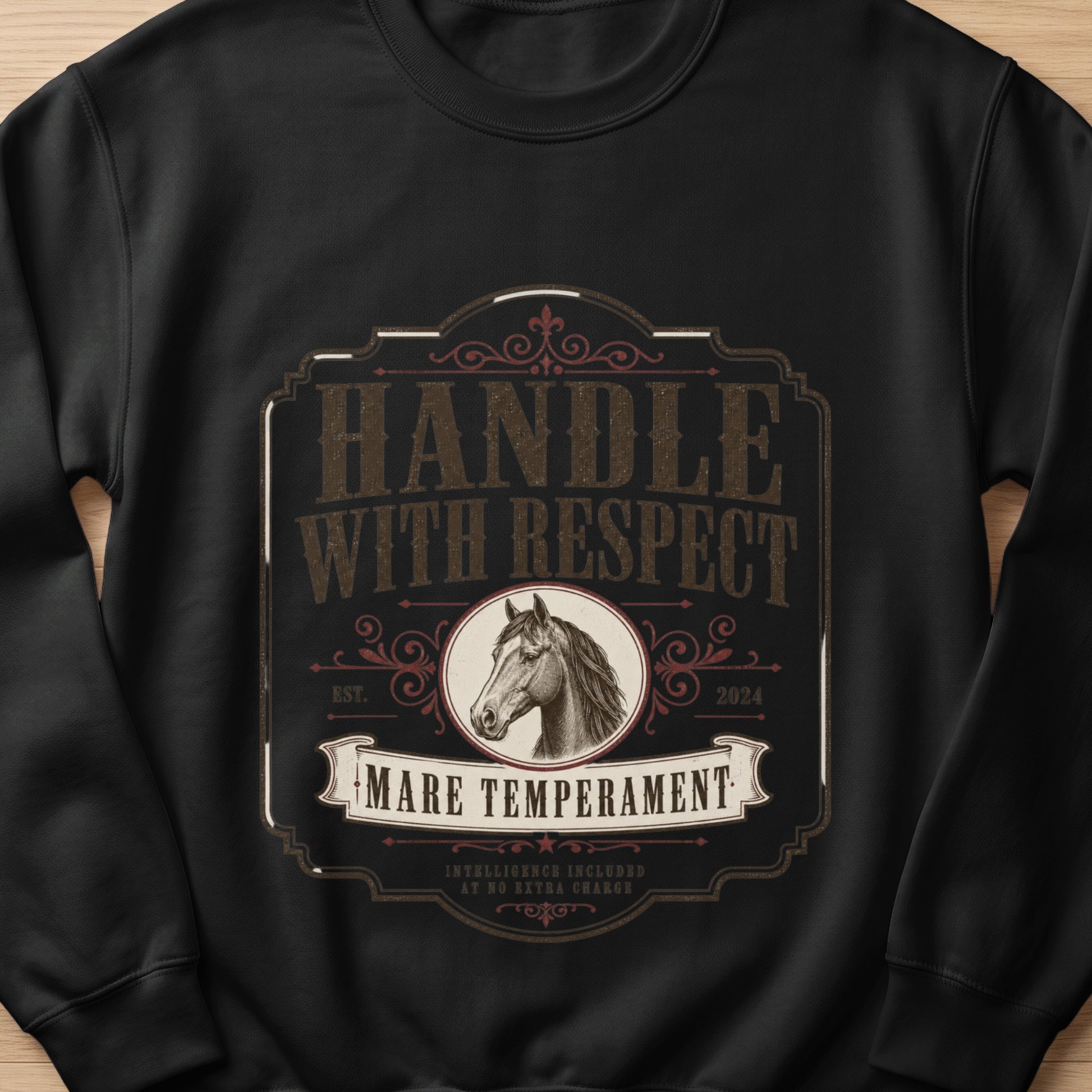 Black sweatshirt with a vintage-style emblem featuring a horse head and "Handle With Respect."