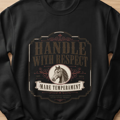 Black sweatshirt with a vintage-style emblem featuring a horse head and "Handle With Respect."
