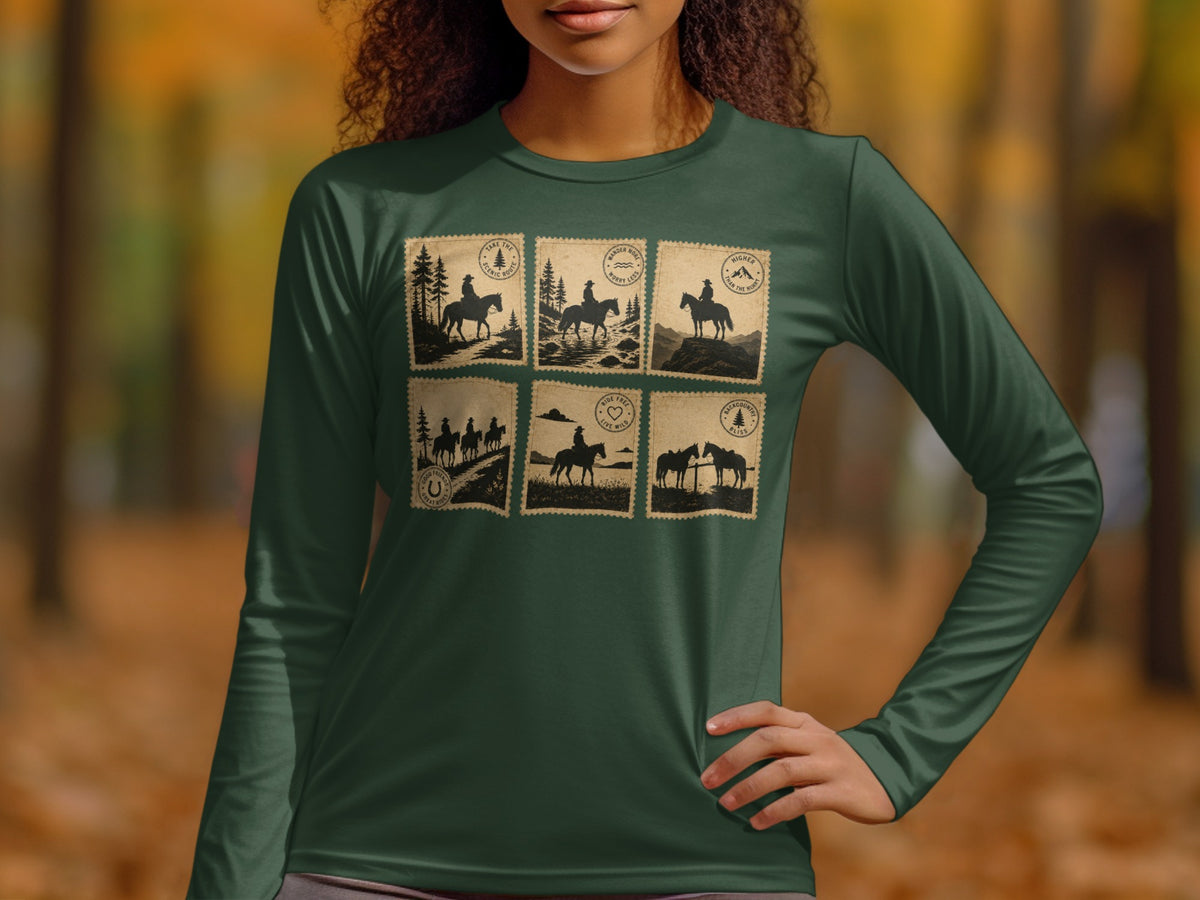 Long sleeve shirt with six postage stamp style designs of horseback riding scenes.
