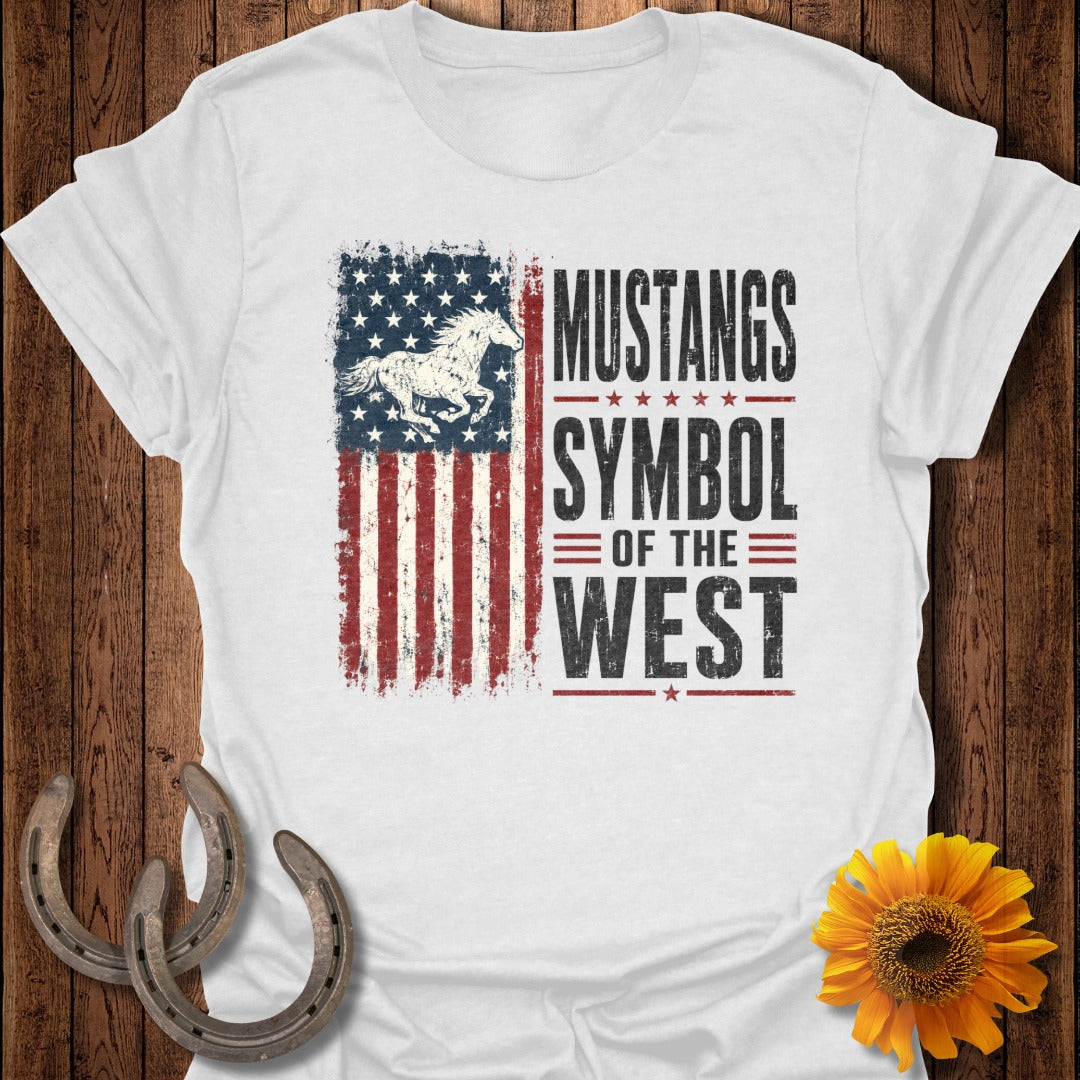 White t-shirt with distressed American flag and text "Mustangs Symbol of the West".