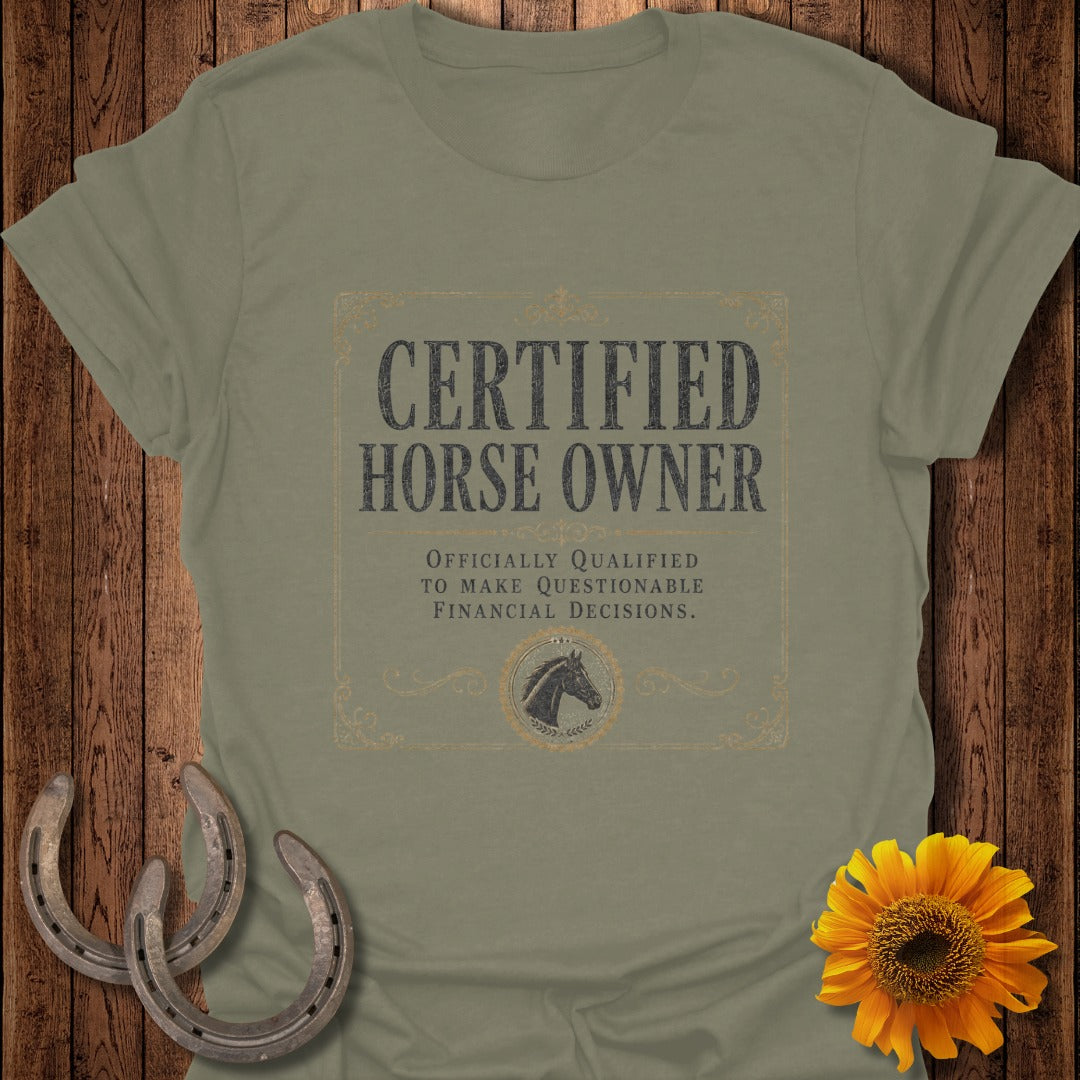 Green t-shirt with "Certified Horse Owner" and horse head graphic.