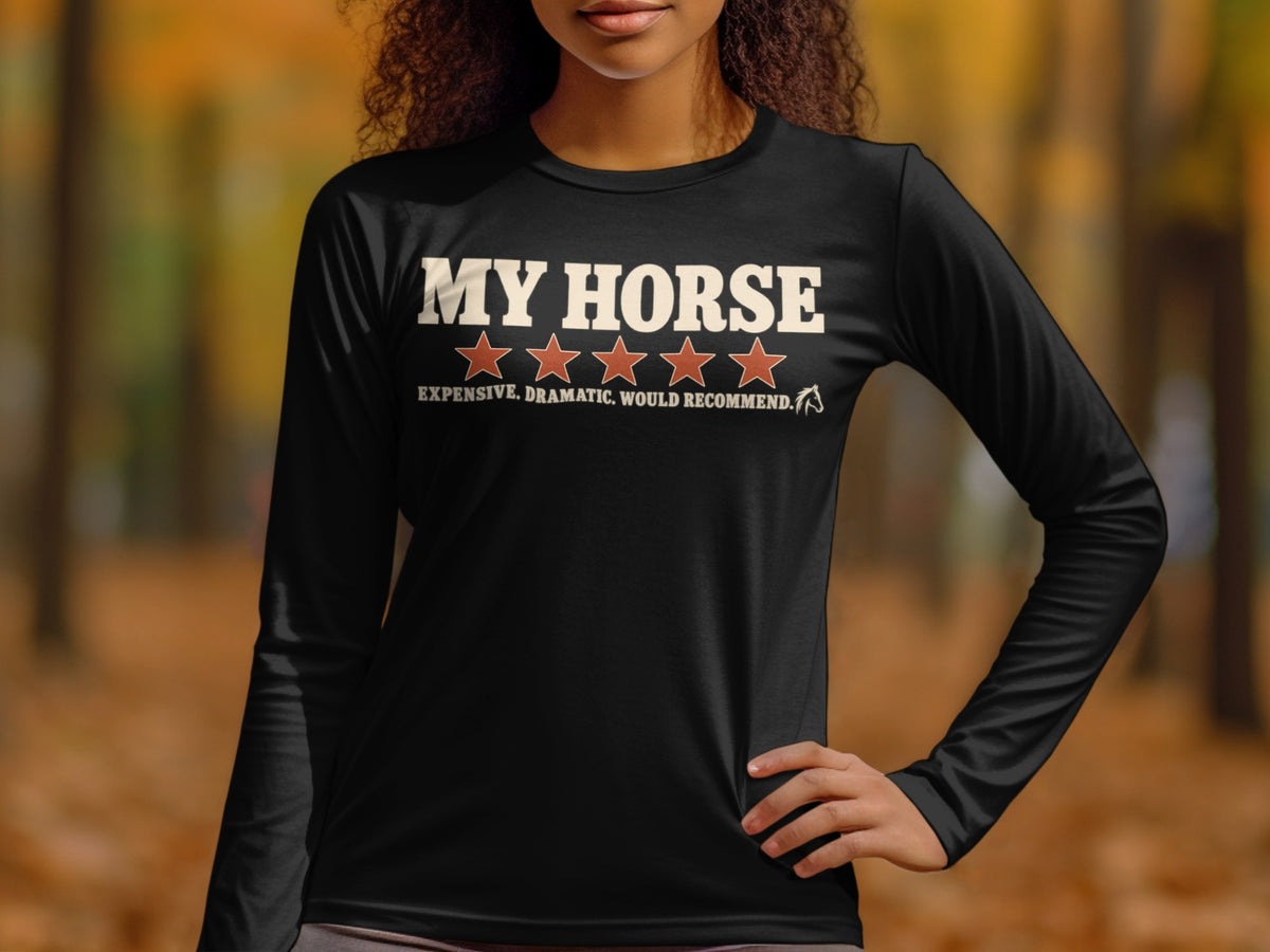 Black long sleeve shirt with "MY HORSE" and five star review.