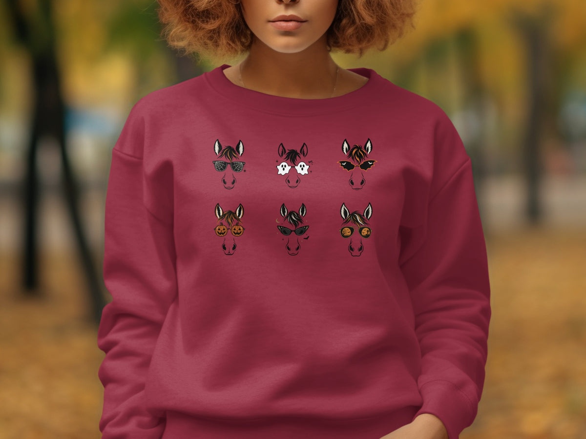 Maroon sweatshirt with six cartoon horse heads wearing Halloween-themed glasses.