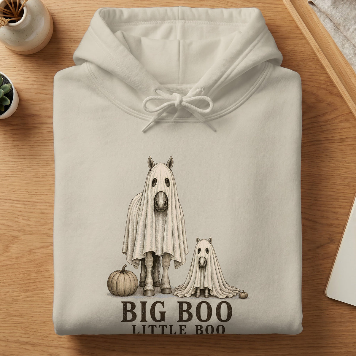 Light gray hoodie with a "Big Boo Little Boo" graphic of horses in ghost costumes.