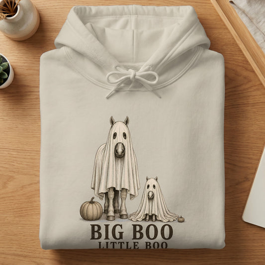 Light gray hoodie with a "Big Boo Little Boo" graphic of horses in ghost costumes.
