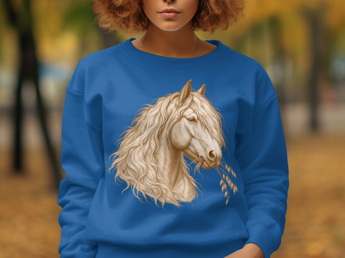 Blue sweatshirt with a detailed drawing of a horse's head and oats.