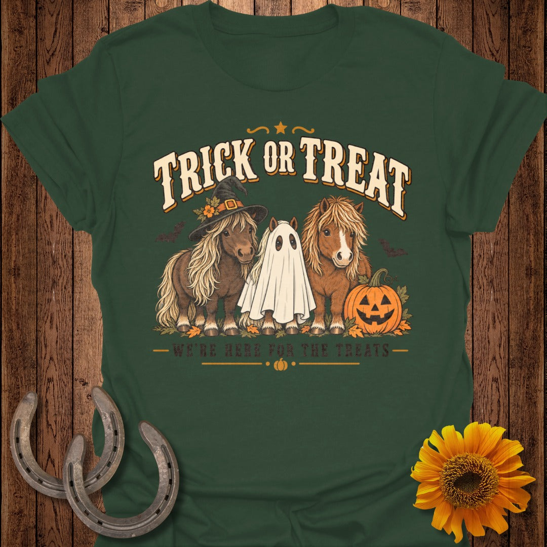 Green t-shirt with Halloween graphic of ponies, one in a witch hat, one as a ghost.