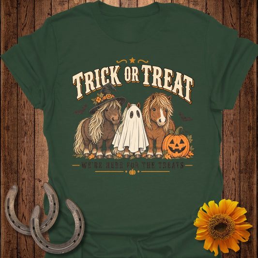 Green t-shirt with Halloween graphic of ponies, one in a witch hat, one as a ghost.