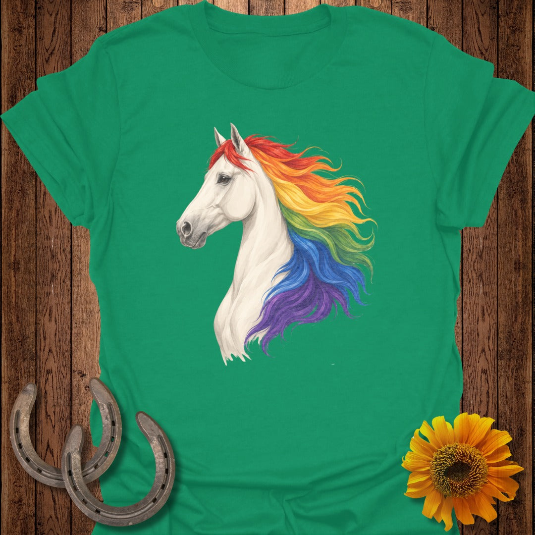 White horse with rainbow mane on green t-shirt, with horseshoes and sunflower.