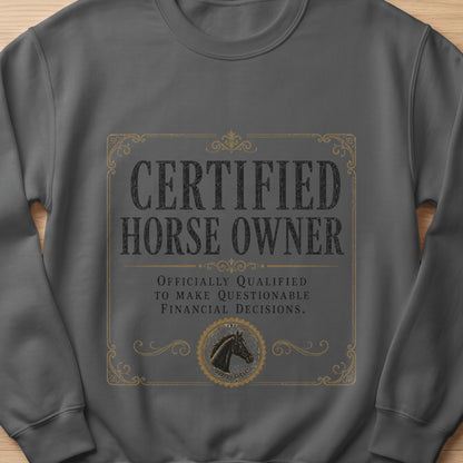 Grey sweatshirt with "Certified Horse Owner Officially Qualified to Make Questionable Financial Decisions." text.