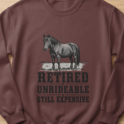 Black and white drawing of a horse with text "RETIRED UNRIDEABLE STILL EXPENSIVE".