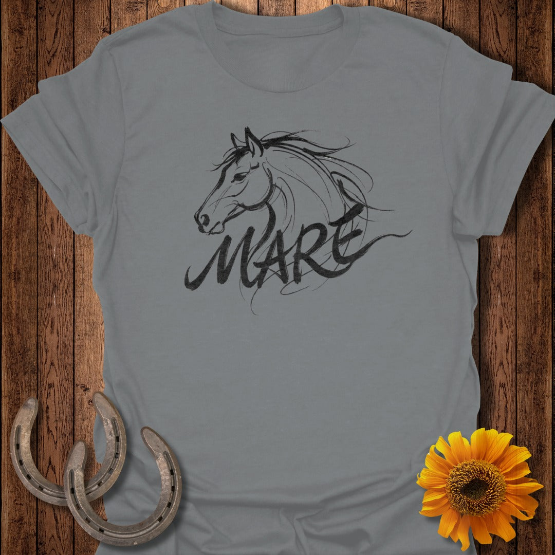 Grey t-shirt with "MARE" text and horse head graphic, plus horseshoes and sunflower.