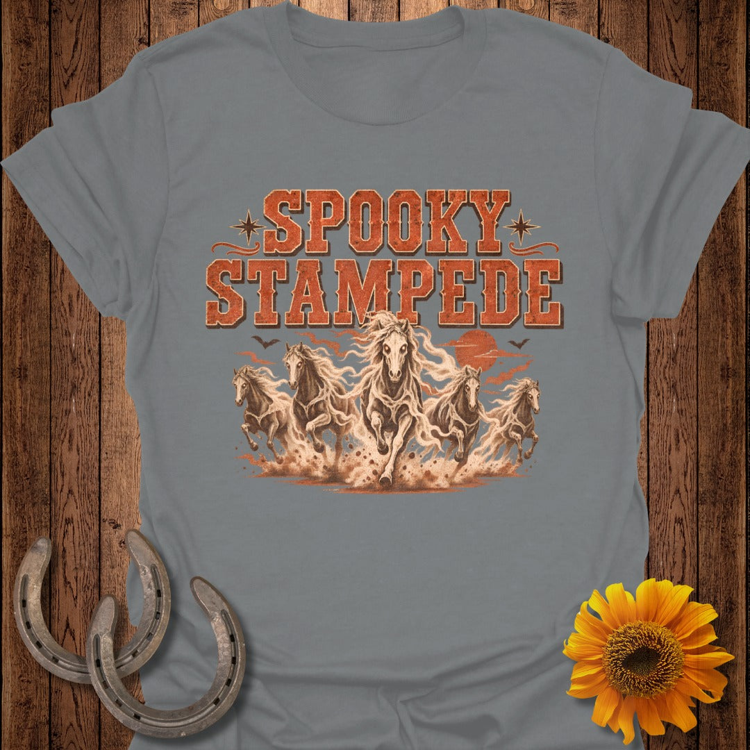 T-shirt graphic of a spooky stampede of horses with text.