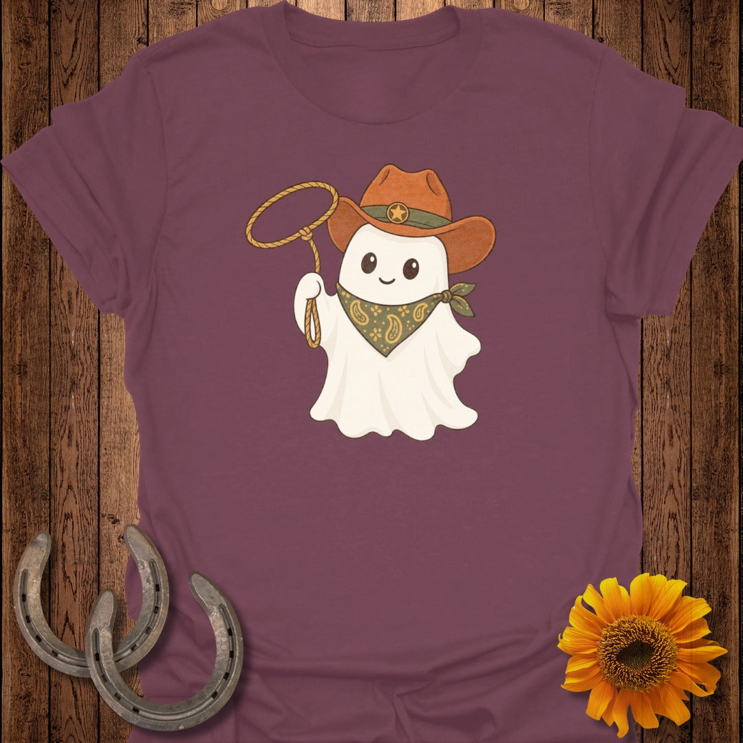 Ghost wearing cowboy hat and bandana holding lasso, on purple t-shirt.