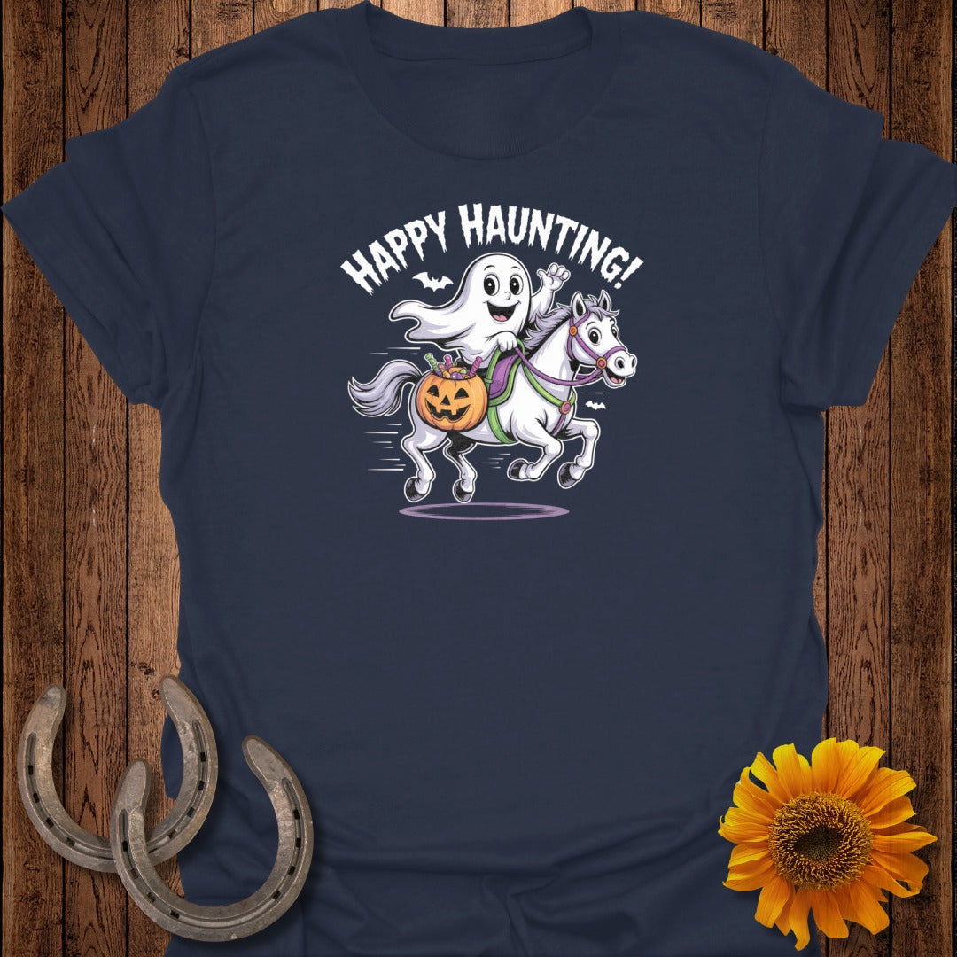 Ghost riding a white horse with a pumpkin, "Happy Haunting!" text.