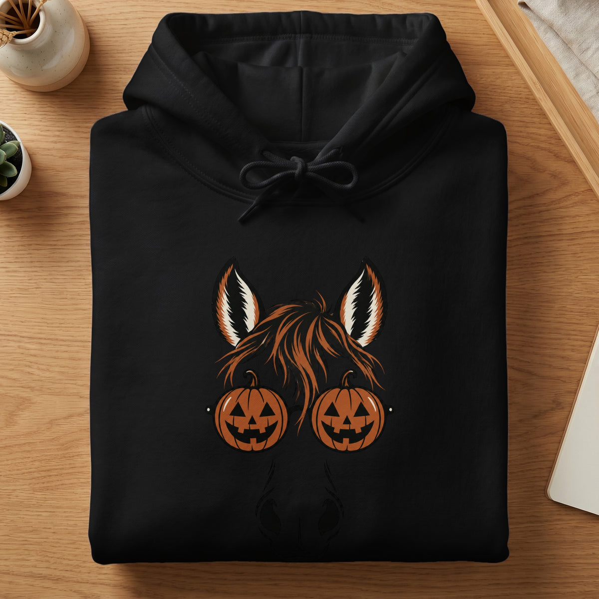 Black hoodie with horse, pumpkin glasses, and Halloween ears graphic.