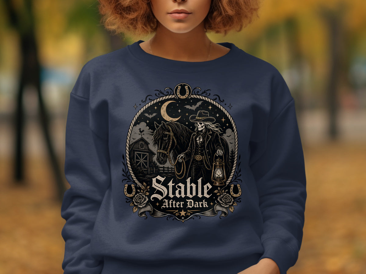 Skeleton cowboy with horse and lantern graphic, text "Stable After Dark".