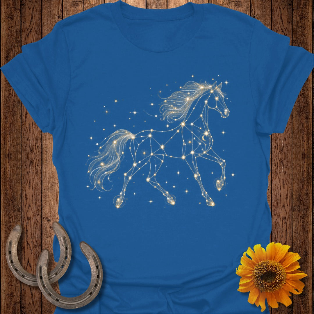 Royal blue t-shirt featuring a golden constellation horse with stars and moon.