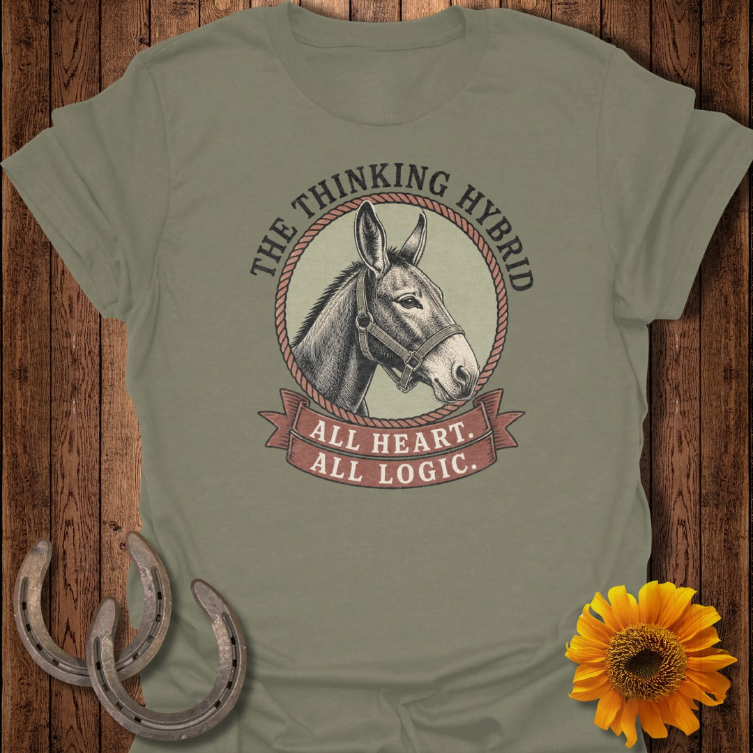 T-shirt with donkey illustration, "The Thinking Hybrid" and "All Heart. All Logic."