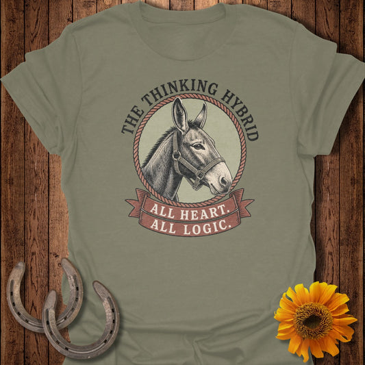 T-shirt with donkey illustration, "The Thinking Hybrid" and "All Heart. All Logic."