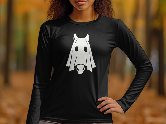 Black long-sleeve shirt with white ghost horse graphic on chest