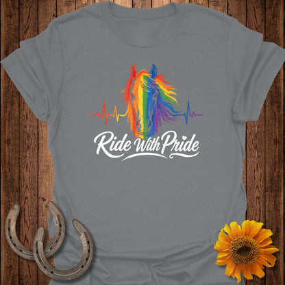 Grey t-shirt with colorful horse head graphic and "Ride With Pride" text.