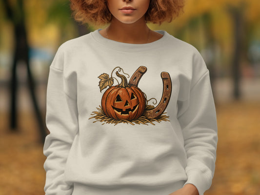 Jack-o'-lantern and horseshoe graphic on a cream sweatshirt.