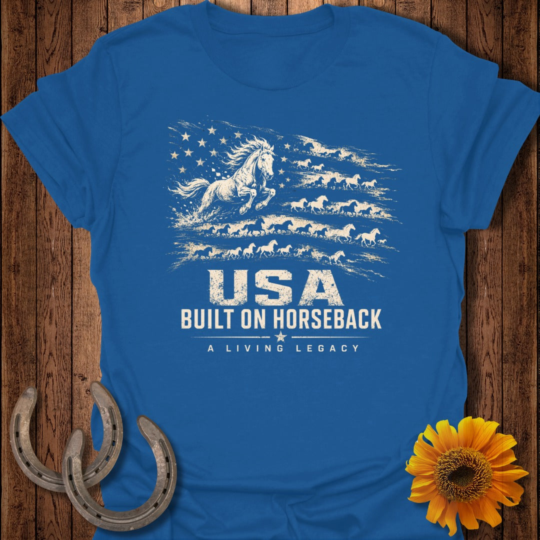 Blue t-shirt with USA Built on Horseback design featuring horses forming an American flag.