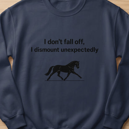 Dark blue sweatshirt with text and horse silhouette.