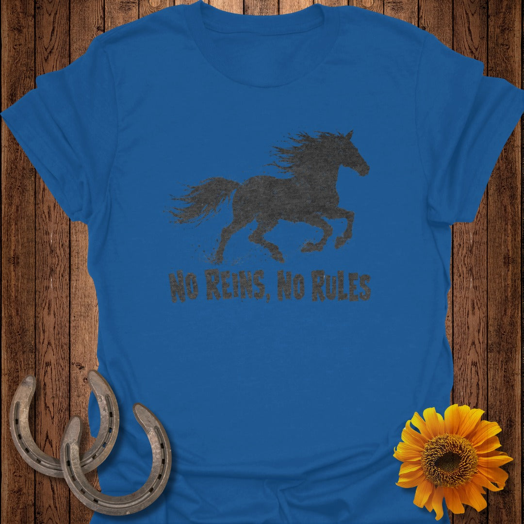 Blue t-shirt with a distressed horse silhouette and "NO REINS, NO RULES" text.