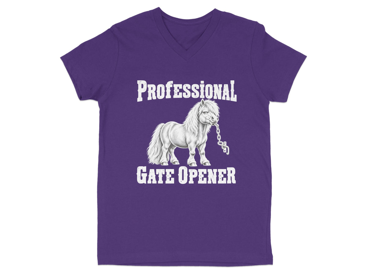 A purple V-neck t-shirt with a white graphic of a pony biting a chain, accompanied by the text "Professional Gate Opener".