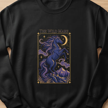 Black sweatshirt featuring "The Wild Mare" text and a dark blue horse under a crescent moon.