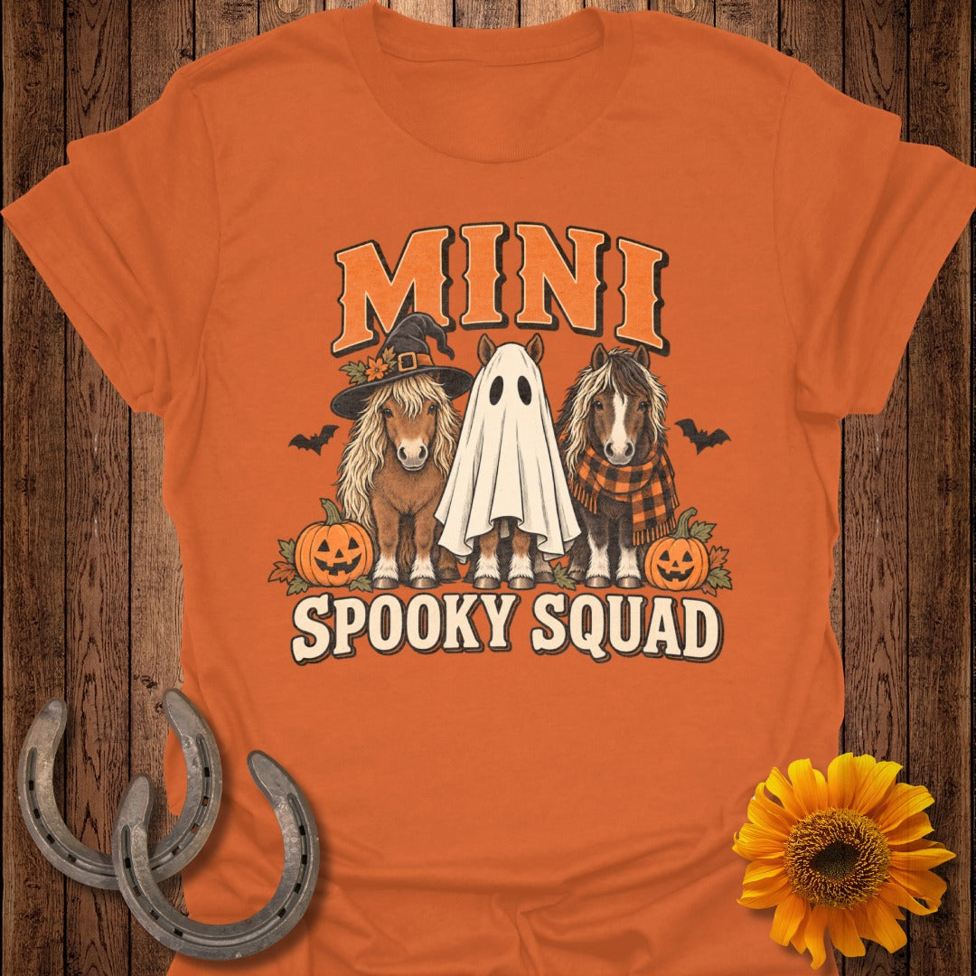 T-shirt graphic: three mini horses dressed for Halloween, "MINI SPOOKY SQUAD" text.