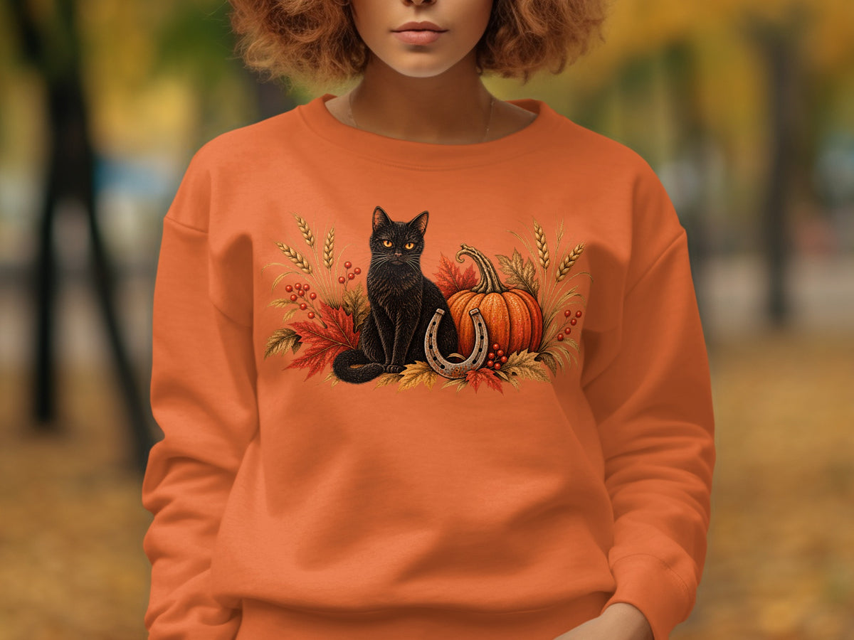 Orange sweatshirt with a black cat, pumpkin, horseshoe, and fall leaves graphic.