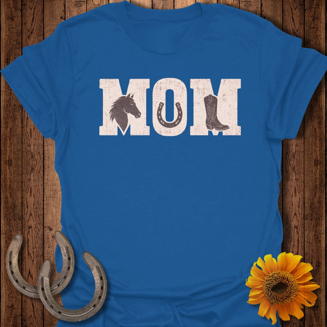 Blue t-shirt with "MOM" text featuring a horse head and cowboy boot graphic.