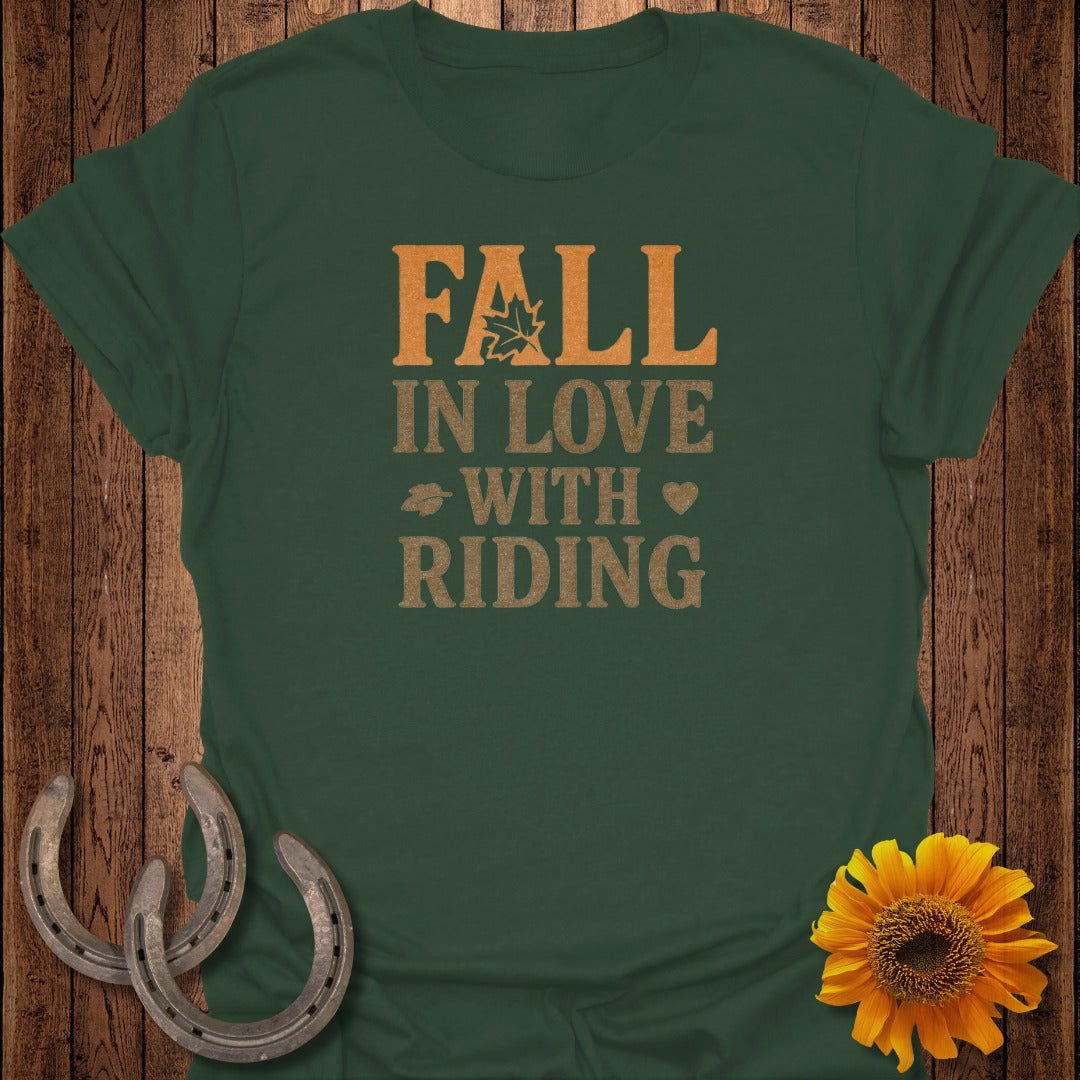 Green t-shirt with "FALL IN LOVE WITH RIDING" text and fall graphics.