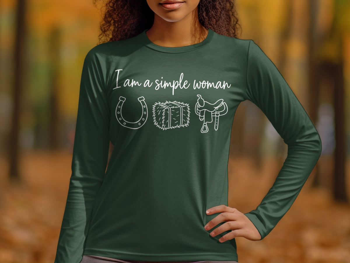 Dark green long-sleeve shirt with "I am a simple woman" text and graphics.
