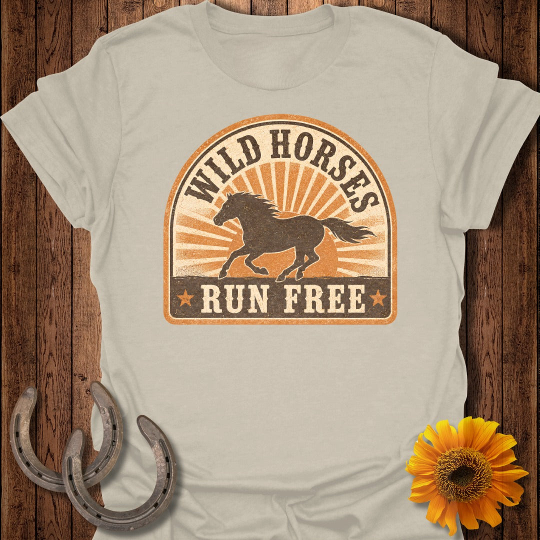 T-shirt graphic with running wild horse and text RUN FREE.