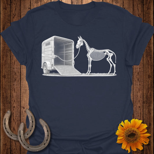 Skeleton horse being led into a trailer by a skeleton arm, navy t-shirt.