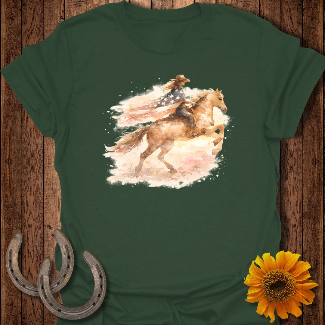 Cowgirl on horseback with American flag, watercolor style.