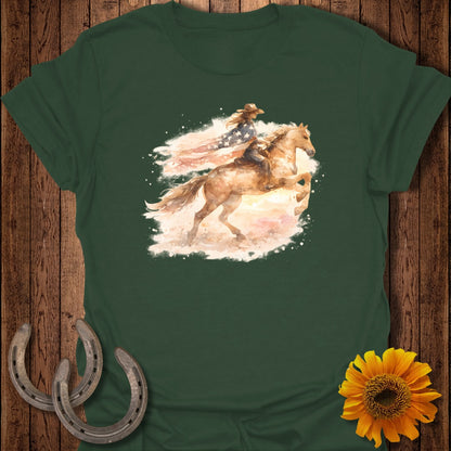 Cowgirl on horseback with American flag, watercolor style.